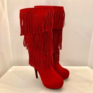 MOJO MOXY Knee High Platform Boots Womens 9 M Suede Leather Fringe Red Pull On‎